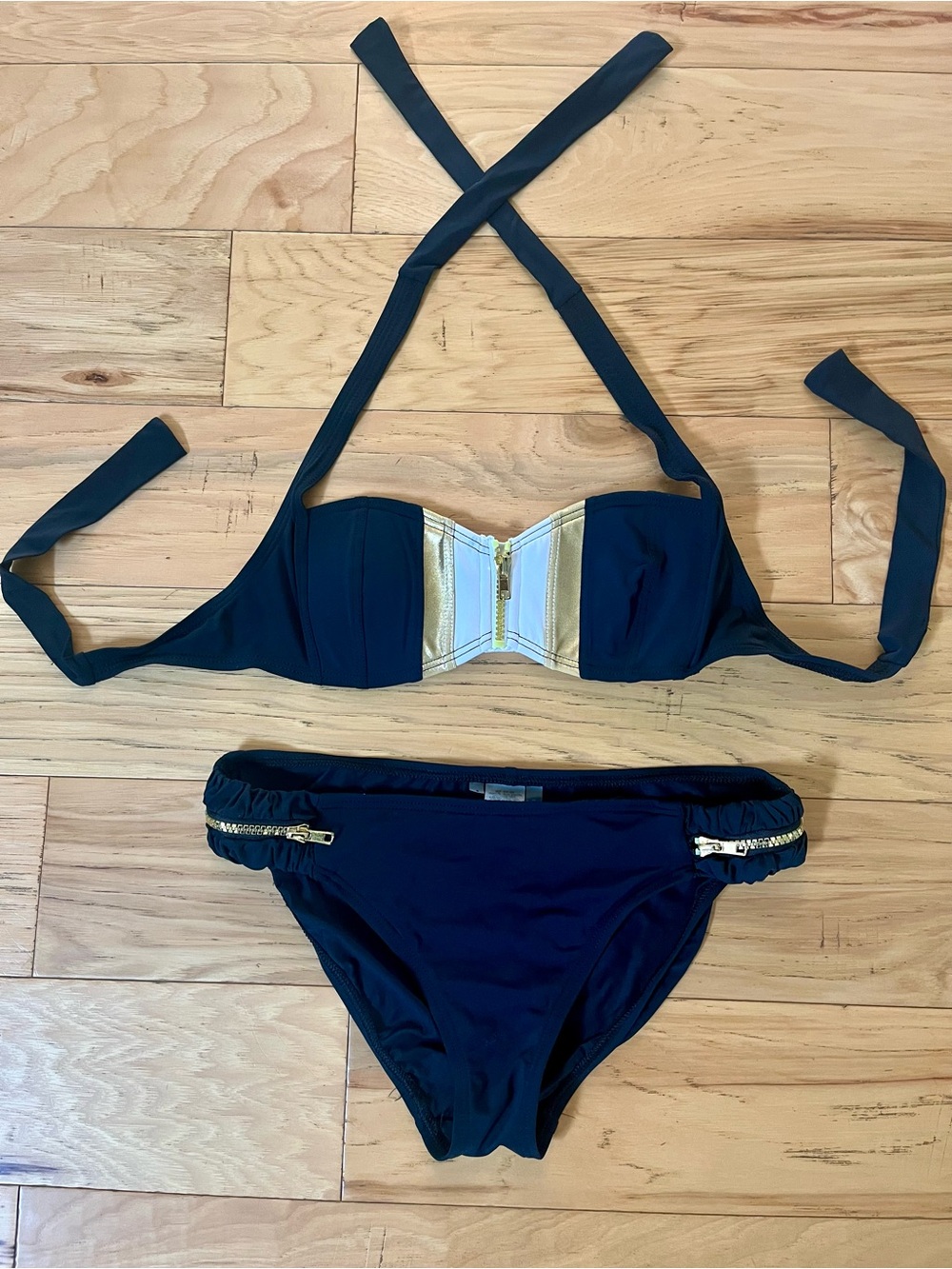 Bleu Rod Beattie Black Bikini with Gold Zipper Accents